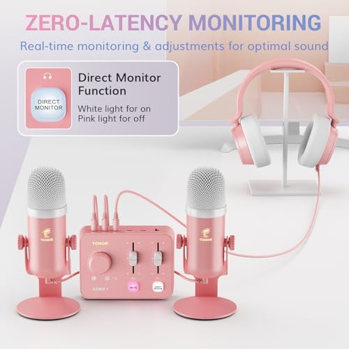 TONOR ASMR Microphone Equipment Bundle With Audio Interface, Immersive 3D Stereo, Dual Condenser Mics With Mixer, Clear Sound, Volume Control, Furry Windscreens, ASMR Starter Pack, Pink - color: Pink