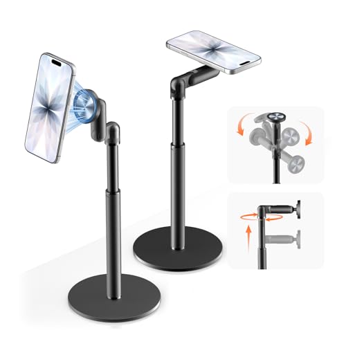 360° Rotating Magnetic Phone Stand for MagSafe, 2 in 1 Adjustable Tablet Stand & Cell Phone Stand, Aluminum Phone Holder for Desk, Compatible iPhone 17 16 15 14 13 12 Pro Max and IPad, Black
