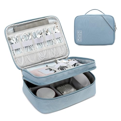 Lanola Electronic Accessories Case,Electronics Travel Organizer, Portable Double Layer Cable Storage Bag for Cord, Charger, Flash Drive, Phone, SD Card,Flash Drive,Adapter - Light Blue - color: 2-Light blue