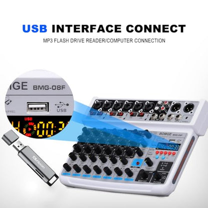 BOMGE 8 channel mini audio mixer Line Mixer,DC 5V,with MP3 Player,Bluetooth, U disk 48V,24DSP effects, USB recording Ideal for Small Clubs or Bars, Studio Recording (8 channels-WHITE)