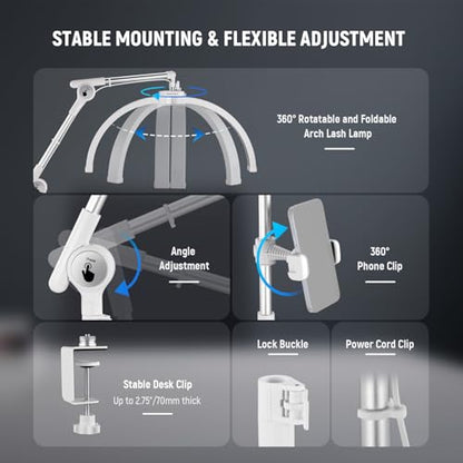 NEEWER Basics 22" Half Moon Lash Light with Articulating Desk Clamp Mount Stand/Phone Holder, 32W Foldable LED Nail Tech Table Arc Lamp for Makeup Beauty Tattoo Overhead Video Recording, HM03-D