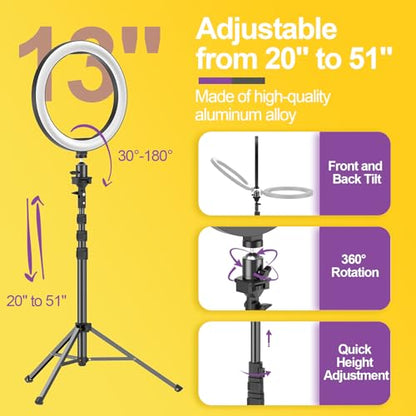 EMART 13" Ring Light with 55" Extendable Tripod Stands and Phone Holder, Dimmable LED Circle Round Light for Selfie Camera Photography/Makeup/YouTube Video/Vlogging/Live Streaming - size: 13inch
