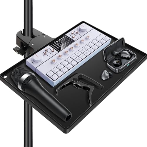 BILIONE Microphone Stand Tray with Crab Clamp, 10.6" x 7.8" Large Tray Shelf Attachment Clamp on Studio Music Floor Stands for Storage - style: Tray
