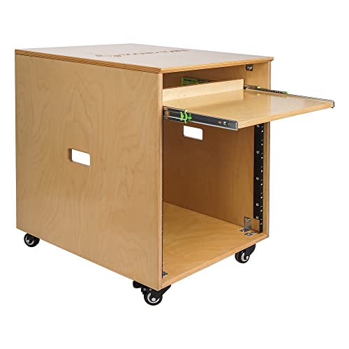 Sound Town 10U Solid Baltic Birch Plywood Studio Rack Desk with Slide-Out Tray, Rubber Feet, Casters, for Recording, Podcasts, Broadcasts, Streaming, Golden Oak (SDRK-ST10) - size: 10U, Golden Oak w/ Tray