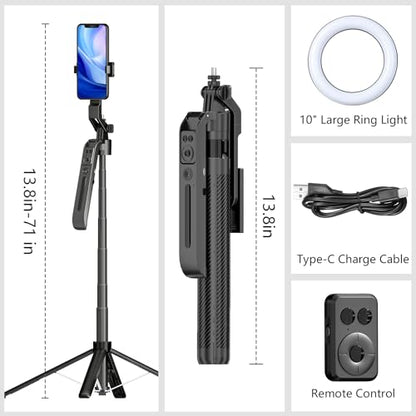 Auto Face Tracking Self Stick Tripod for iPhone with 10" Ring Light Hands-Free 360°Adjustable 70.9 Inch Smart Phone Stand with Remote for Content Creator Vlog Video Recording - size: Tracking Tripod with 10" Ring Light