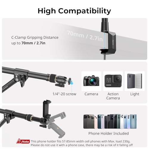 SMALLRIG Triangle Camera Desk Mount, Max. Load 3kg/ 6.6lbs, Overhead Mount with Auxiliary Support Rod, with Phone Holder and Small Ball Head for Camera/Phone/Light/Webcam - style: Clamp 4304