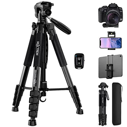 MACTREM 75in Aluminum Lightweight Travel Tripod for DSLR Camera Phone iPad | 3-Way Head 360° Rotation. With Phone iPad Mount, Bluetooth Remote. Stable Aluminum Stand for Video & Photography. - color: Black