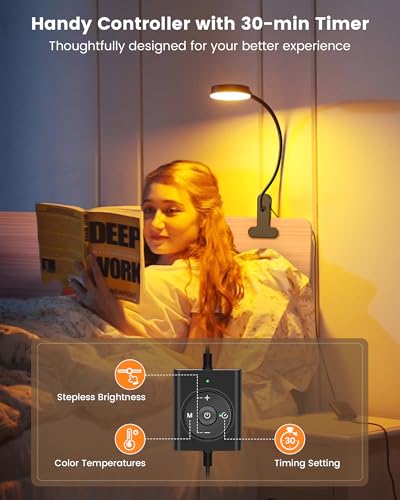 Glocusent 5W Clip on Light, 36 LED Eye Caring Reading Light for Bed, 3 Colors & 5 Brightness Clip on Lamp with Adapter, Perfect Desk Lamp with Clamp/Bunk Bed/Headboard/Table - color: Black