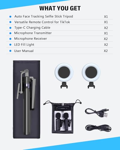 Vlogging Kit for iPhone/Android, 63” Auto Face Tracking Tripod for iPhone with Light, Wireless Microphones, Remote Control for TikTok, YouTube Starter Kit for Content Creator