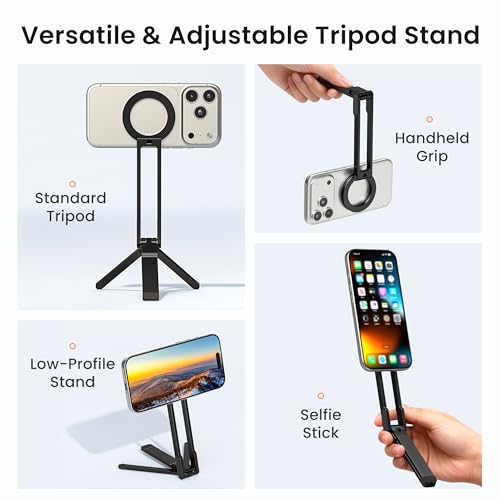 Itramax Magnetic Phone Tripod Stand,Foldable Pocket Cell Phone Mount,Adjustable Travel Gym Selfie Stick Mini Tripod Handle Desktop Stand for MagSafe iPhone 17 16 15 14 13 12 11& All Smartphones,Black - color: Black