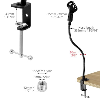 QWORK Gooseneck Microphone Stand 13 Inch, Clamp-On Desktop Mic Stand with 360° Flexible Arm, Heavy-Duty Desk Mount, 3/8" to 5/8" Adapter & Mic Clip for Podcasting, Streaming, Podium