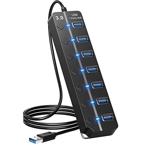 USB Hub 7 Port, USB Splitter with Individual On/Off Switches and Lights. | USB 3.0 Hub with 3.3ft Cable, Extender for A Port Laptop, PC, Desktop - color: Black