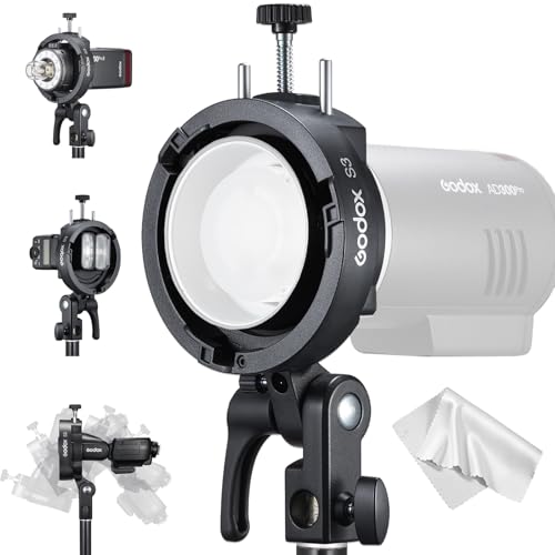 GODOX S3 Speedlite Bracket, 𝐆𝐨𝐝𝐨𝐱 𝐒𝟐 𝐔𝐩𝐠𝐫𝐚𝐝𝐞, Adjustment Angle±90°,Umbrella Hole, Bowens Mount Holder for Godox AD200Pro II AD300Pro II AD200Pro V1 V100 V1Pro AD300Pro AD100Pro etc.