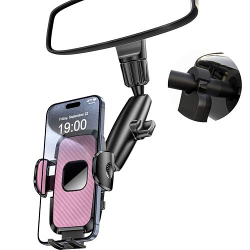 Rear View Mirror Phone Holder, 360° Rotating Car Phone Holder Mount Compatible with All 4-7 Inch iPhone and Android Cell Phones (Pink) - style: Pink