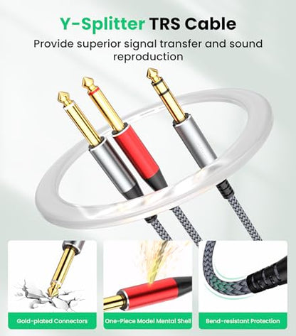 Tisino 1/4 inch TRS Stereo Splitter Y Cable-3.3 Feet, 1/4 inch Stereo to Dual 6.35mm TS Mono Insert Y-Splitter TRS 1/4" Breakout Patch Cable for Amplifiers, Mixers - size: 3.3 ft