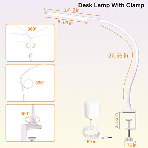 LED Desk Lamp With Clamp, 10W Gooseneck Lamps Touch Control,Swing Arm Clamp Lamp, Architect Clamp Desk Lamp Dimmable,Nail Lamp for Desk Table (White)