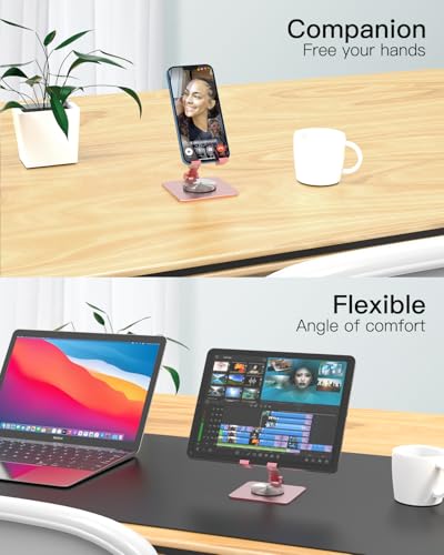 Adjustable Phone & Tablet Stand, Fits 4–9.7in Devices, Pink | 360° Viewing Flexibility • Reinforced Aluminum Build • Dual-Hinge Adjustment • Travel-Ready Storage - color: Pink