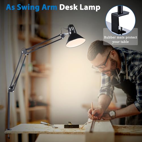 Swing Arm Desk Lamp for Home Office 360°Adjustable,Tall Metal Clamp on lamp with Bulb,Eye-Caring Clip on Desk Light for Computer Work Study Reading and Drafting