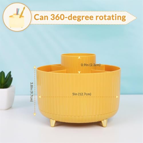 SKYDUE 360 Degree Rotating Desk Organizer, Dual-Purpose Pencil Pen Holder, Rotating Desk Pen Organizer with 5 Slots, Pencil Cup for Office, School, Home - color: Yellow