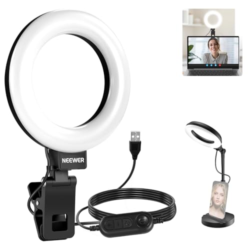 NEEWER Basics 5" LED Desktop Ring Light with Stand, Monitor Clamp, 10W, Compatible with iPhone Desk Computer Laptop Webcam Phone for Selfie Makeup Recording Zoom Video Conference Lighting, Black BR60 - color: Black, size: 5"w/Round Base