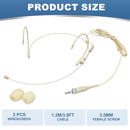 MECCANIXITY Ear Hook Headset Microphone, Double Over Ear Set Hanging Omnidirectional Wired Audio Condenser Microphone Headset with 3.5mm Female Screw Plug 3.9ft Cable, Beige - color: Beige, style: 3.5mm Female Screw Plug