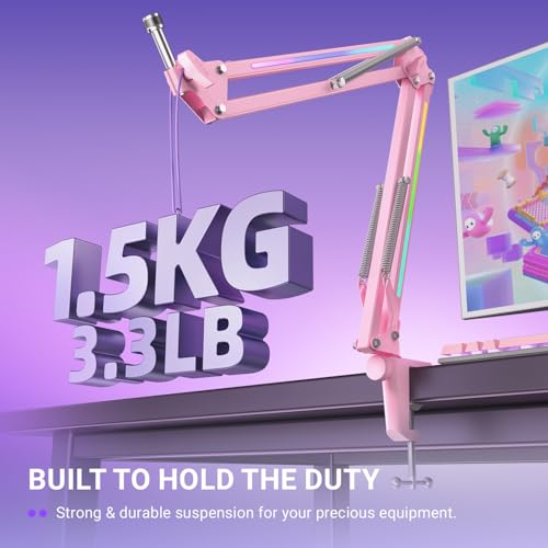 FIFINE Microphone Boom Arm, Metal Adjustable Mic Arm Stand with RGB Button, 3/8” to 5/8” Screw Adapter, Desk Mount Clamp, Suspension Scissor Mic Stand for Gaming Streaming Podcast-AmpliGame BM38P - color: Pink