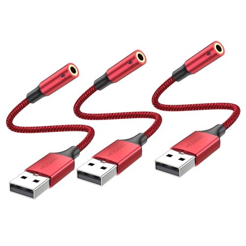 MOSWAG USB to 3.5mm Jack Audio Adapter,USB to Aux Cable with TRRS 4-Pole Mic-Supported PC to Headphone AUX Adapter External Sound Card for PC PS4 PS5 and More (0.65Ft/20cm(3pack), Red) - color: Red, size: 3 pack