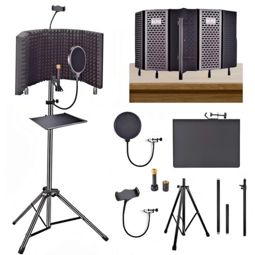 SYLPHID Microphone Isolation Shield with Pop Filter & Stand and Phone Clip, Foldable Triple Layer Sound Proofing, Studio Mic Cover for Recording, Podcasting, Streaming, Singing, YouTube Videos Black - color: Black