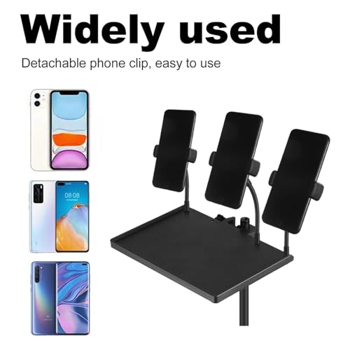 Healifty Clamp-on Microphone Stand Tray with Sound Card Bracket and Triple Phone Holder, Large 24×17.5cm Utility Shelf for Recording Studio and Live Streaming