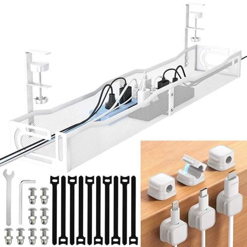Cable Management Under Desk, 25.3'' No Drill Desk Cable Management Tray with Clamp, Metal Cord Organizer for Standing Desk, Computer Wire Management for Home Office & Gaming Setup, White - color: White