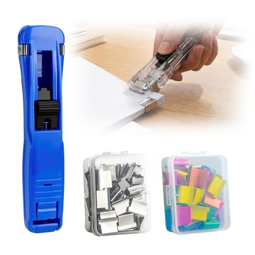 Portable Binder Clip Stapler, 2026 New Reusable Portable Paper Clam Clip Dispenser, 100 Metal Refill Clips (50 Silver + 50 Color) for Home, School, Desk Office (Royal blue-1PCS) - color: Royal Blue-1pcs