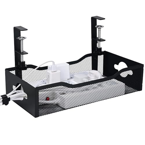 Large Under Desk Cable Management Tray - Heavy Duty Metal Cord Organizer with No Drill Installation for Office & Home Office Desks to Hide Wires & Power Strips (Black, XL) - color: Black