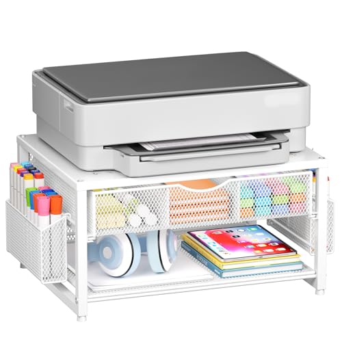 Marbrasse Metal Printer Stand for Desk with Storage Drawer and 2 Pen Holders, 2-Tier Desktop Organizer Printer Table for Home Office, Multi-Purpose Desk Organizer for Fax Machine Scanner Files(White) - color: White