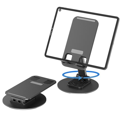 360° Rotating Cell Phone Stand for Desk, Adjustable & Foldable Phone Holder, Aluminum Desktop Phone Stand with Anti-Slip Base, Compatible with iPhone, iPad, Android Phones, K39B-Black
