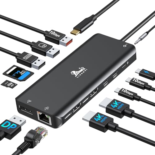 LIONWEI Laptop Docking Station 13 in 1 - Dual HDMI+DisplayPort+10Gbps, 6 USB C/A, 100W PD, Ethernet, SD/TF, Audio, USB C Hub for MacBook/Dell/HP/Surface, Black - color: Black-13 IN 1(2 HDMI+DP)