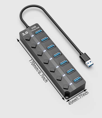 USB Hub 3.0, Eanetf 7 Port USB hub with LED Individual On/Off Switches and Extended Long Cable for MacBook, Mac Pro, Mac mini, iMac, Surface Pro, XPS, PC - 4ft
