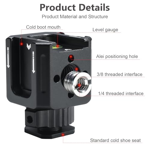 Professional Cold Shoe Mount Adapter - Triple Hot Shoe Expansion with 1/4" Tripod Thread, Built-in Level, Compatible with DSLR Camera Cage Flash LED Light Microphone Monitor