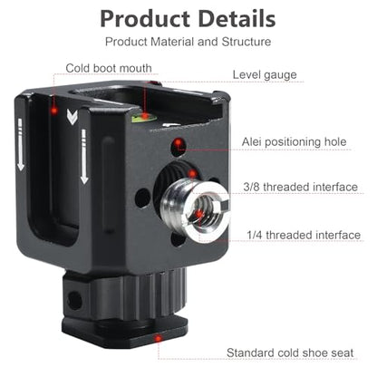 Professional Cold Shoe Mount Adapter - Triple Hot Shoe Expansion with 1/4" Tripod Thread, Built-in Level, Compatible with DSLR Camera Cage Flash LED Light Microphone Monitor