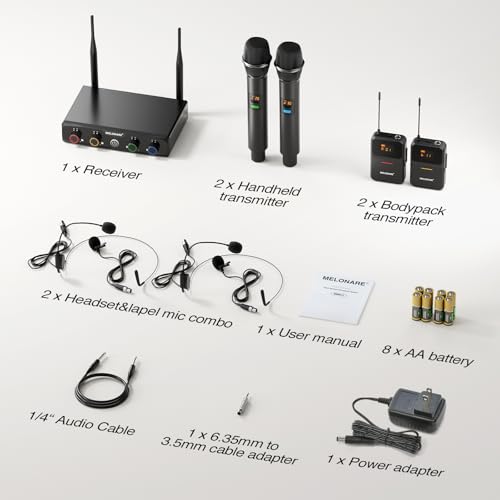 MELONARE 4-Channel Wireless Microphone System,UHF Cordless Mic Set w/ 4x10 Frequencies, 200ft, 2 Handheld Dynamic Mics, 2 Bodypacks & Headset/Lapel Microphones for Singing, Karaoke, DJ (MWM-41-2H2B) - size: 2 Handheld 2 Bodypack Mics