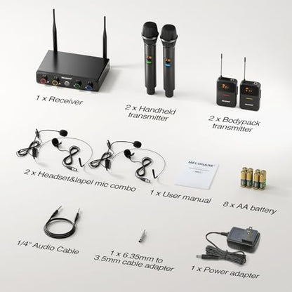 MELONARE 4-Channel Wireless Microphone System,UHF Cordless Mic Set w/ 4x10 Frequencies, 200ft, 2 Handheld Dynamic Mics, 2 Bodypacks & Headset/Lapel Microphones for Singing, Karaoke, DJ (MWM-41-2H2B) - size: 2 Handheld 2 Bodypack Mics