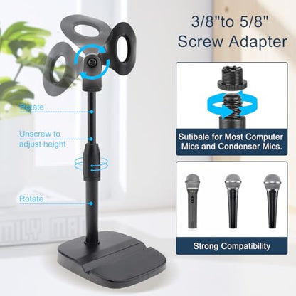 RTNLIT Desktop Mic Stand with Phone Holder, Adjustable Desk Mic Stand with Mic Clip Compatible with Max 1.7 inch Diameter Microphone, Weighted Base, 5/8" to 3/8" Screw Adapter, Height 9.8" to 13.4"