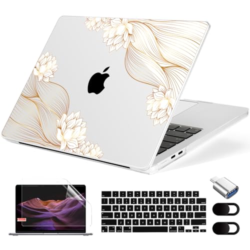 MecBevia Compatible with MacBook Air 13.6 inch Case, M4 A3240/M3 A3113/M2 A2681 (Released 2025 to 2022), Hard Shell, Keyboard Cover, Screen Protector, Webcam Cover & Type-C Adapter, Gold Lace Flower - color: Gold Lace Flower
