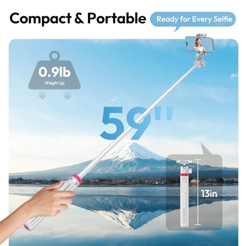 ULANZI MT-44B Phone Tripod, 59'' Auto Open Phone Stand with Dual Camera Set up, 360° Ball Head, Extendable Selfie Stick w Cold Shoe for Filming/Selfie in Vlog, Family Gatherings, White - color: White