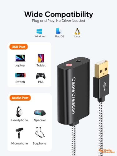 CableCreation USB Audio Adapter External Sound Card with 3.5mm Headphone and Microphone Jack Compatible with Windows, Mac, macOS, Linux, PS4, PS5, Plug and Play, Aluminum Black - color: Black USB 2.0, size: 1-Pack