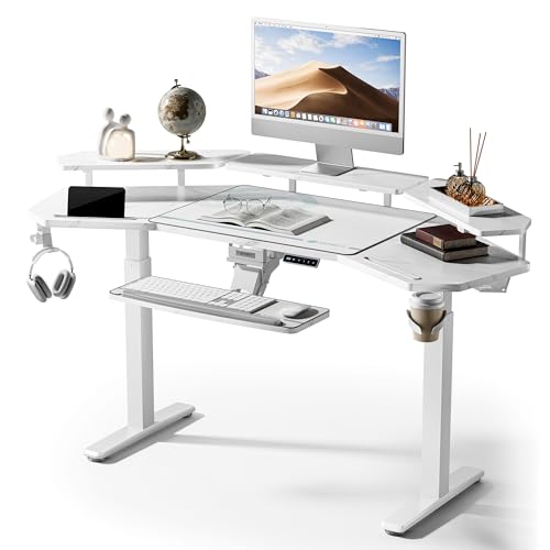 EUREKA ERGONOMIC Gaming Desk, w Keyboard Tray, 73" Wing Shaped Music Studio Table with LED Shelves, Gaming Recording Live Stream, Slot Design - color: Snow Faux Marble, size: 72"W x 35"H-Adjustable