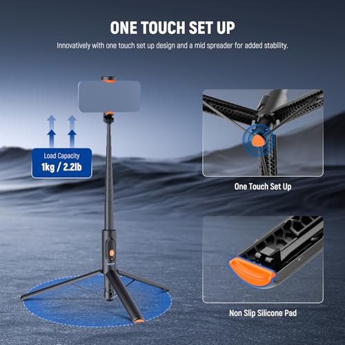 NEEWER 57.9" Selfie Stick Tripod Compatible with iPhone Samsung Android, Metal Portable Lightweight Travel Cell Phone Stand with Phone Holder Mount & Remote for Video Recording Filming, PA992 Black