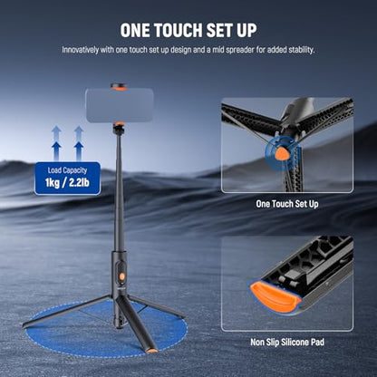 NEEWER 57.9" Selfie Stick Tripod Compatible with iPhone Samsung Android, Metal Portable Lightweight Travel Cell Phone Stand with Phone Holder Mount & Remote for Video Recording Filming, PA992 Black