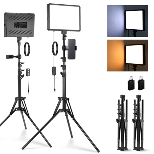 NEEWER Basics 2Pcs LED Video Light Panel with 59'' Tripod Stands/Phone Holders, 2700-6500K 850Lux Dimmable Plastic Studio Lighting for Photography Filming Recording Live Streaming, No Adapter, BP300