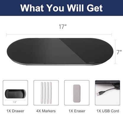 TSJ OFFICE Glass Desktop Whiteboard - 17 X 7 Inches Small Dry Erase Board with Pink Light, Black Glass White Board Surface Notepad with 1 Drawer, Desk Organizers for Office, Home, School Supplies - color: Pink Light (Black Glass)
