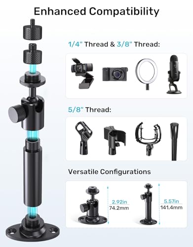 Mic Wall Mount Bracket with Ball Head - 180° & 360° Swivel, 5/8"-27 Microphone Flange Mount with 1/4" and 3/8" Screw Adapters, Easy Mounting of Mics, Web Cameras, Lights for Studio & Home Office